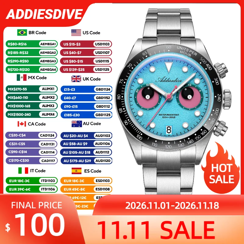 ADDIESDIVE Fashion Men's Watch AD2557 VK64 Chronograph Quartz Watches BGW9 Luminous Ceramic Bezel Waterproof Luxury Male Clock