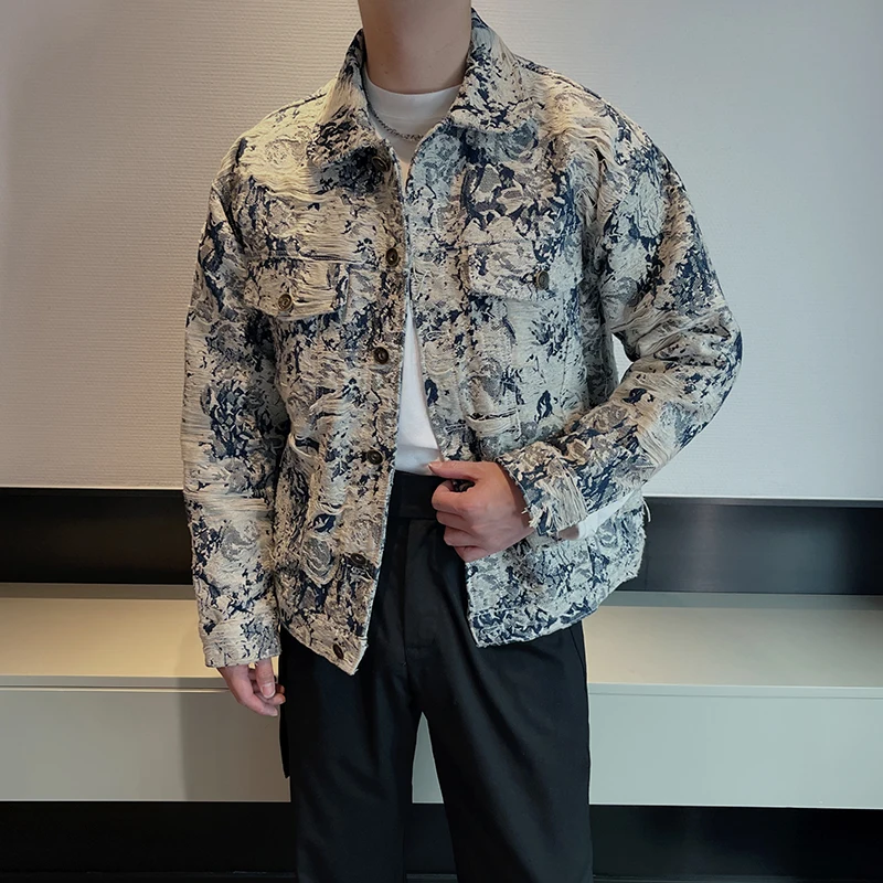 

Retro Loose Men's Denim Jaet Long Sve Embroidered Frayed Trim Distred Jaet Youth Trend Spring Autumn Outerwear