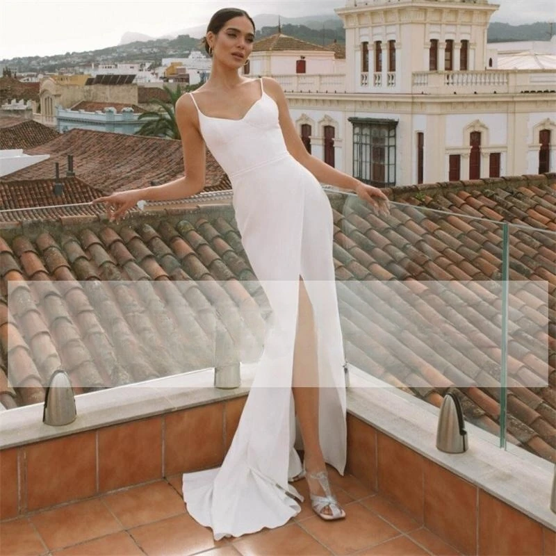 Abito da sposa da donna aperto sul retro con scollo a V diviso in raso fiore con cinturino per spaghetti abito da sposa Vestido De Noiva personalizza su misure
