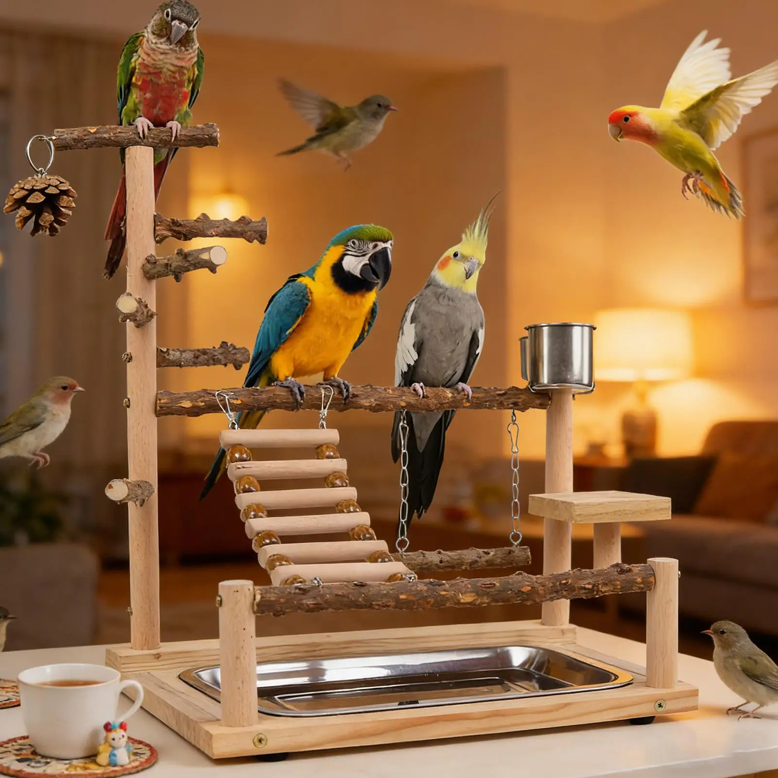 Parrot Playground Wooden Toy Gym Bird Swing With Stainless Steel Cup And Tray For Cockatiel Conure Finch Lovebird Exercise view 2