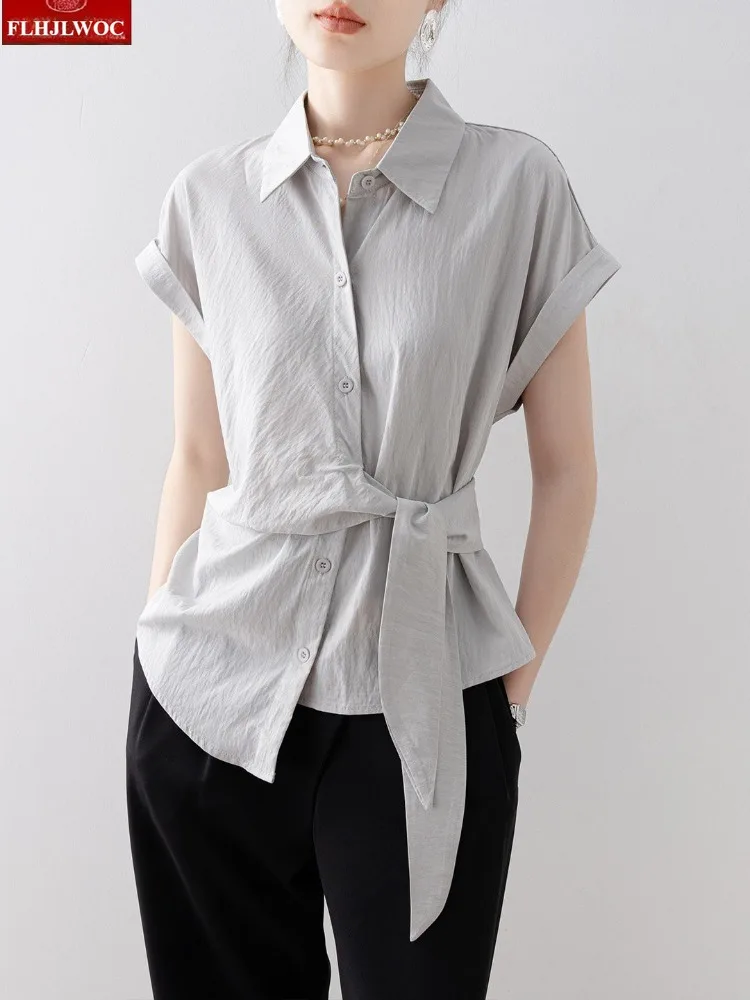 FLHJLWOC Brand Women's Elegant Commute Shirt Light Gray Thin Design Long Sleeve Blouse Lace-Up Slim Waist Bow Tie Tops 2