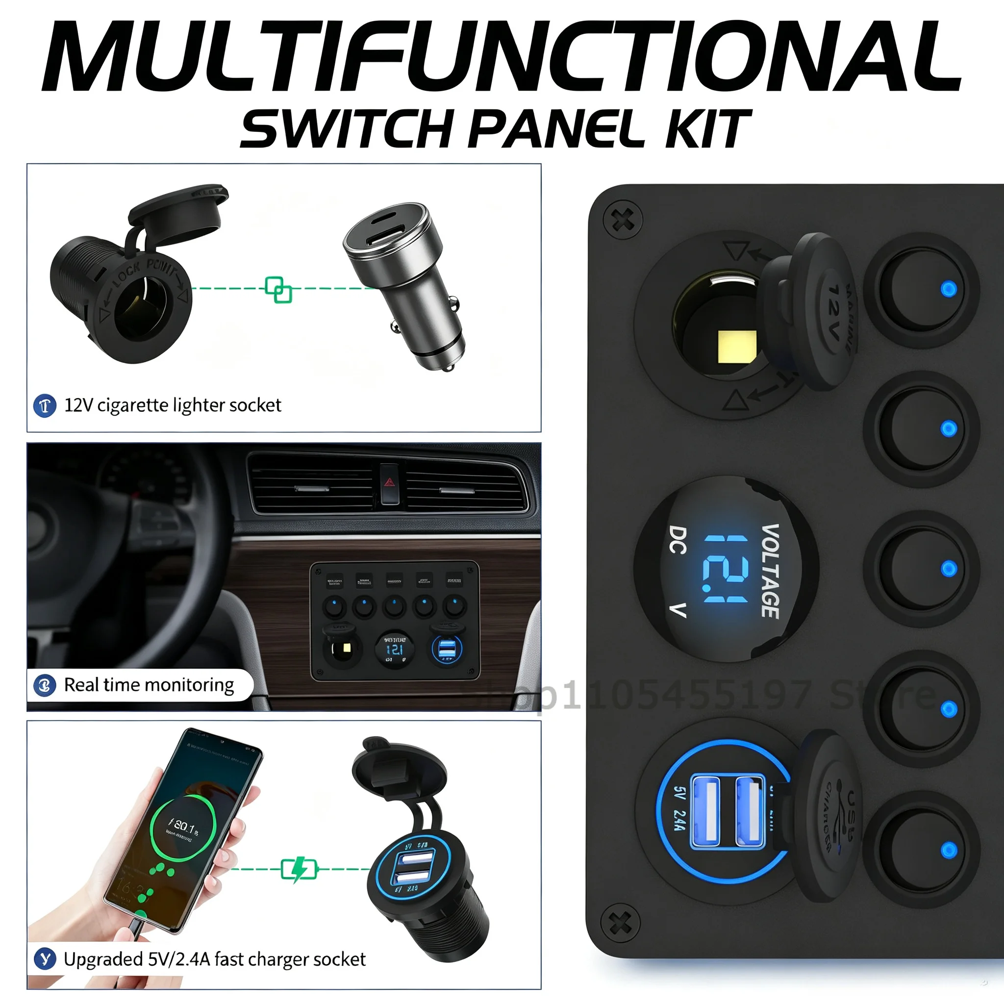 5 Position Marine Multifunctional Panel Car Switch Panel Button Switching Digital Voltmeter Dual USB Ports 12V Socket for Truck