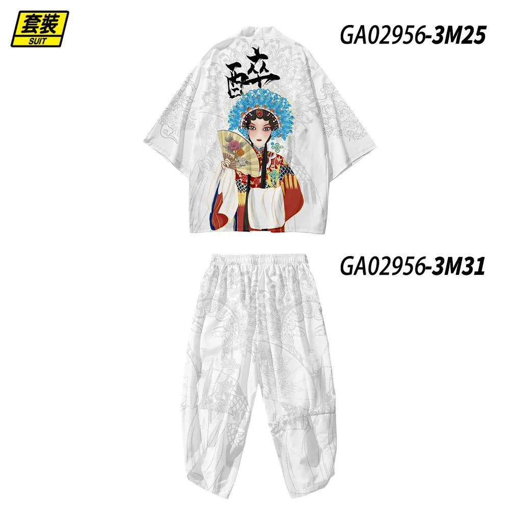 Fashion Peking Opera Print Chinese Style Robe Sets Japanese Harajuku Men Women Kimono Beach Cardigan Haori Asian Clothes Pant