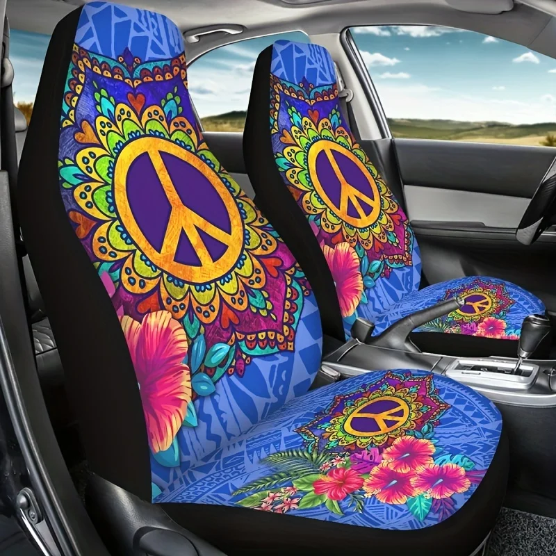 

Bohemian Style Car Seat Cover Set of 2, Universal Fit, All-Season Peace Sign and Floral Pattern, Hand Washable Polyester