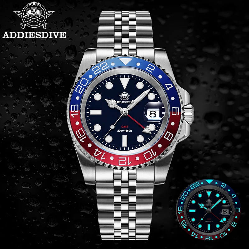 

ADDIESDIVE Luxury Watch for Men Waterproof GMT Watches Stainless Steel Luminous 20Bar Diver Man Quartz Wristwatches Reloj Hombre