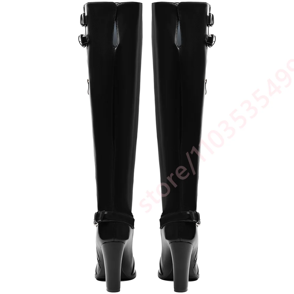 Women Black Over‑the‑Knee Boots Round Toe Multi‑Buckle Strap Outer Zipper Chunky Block Heel Punk Street Party Fashion Tall Boots