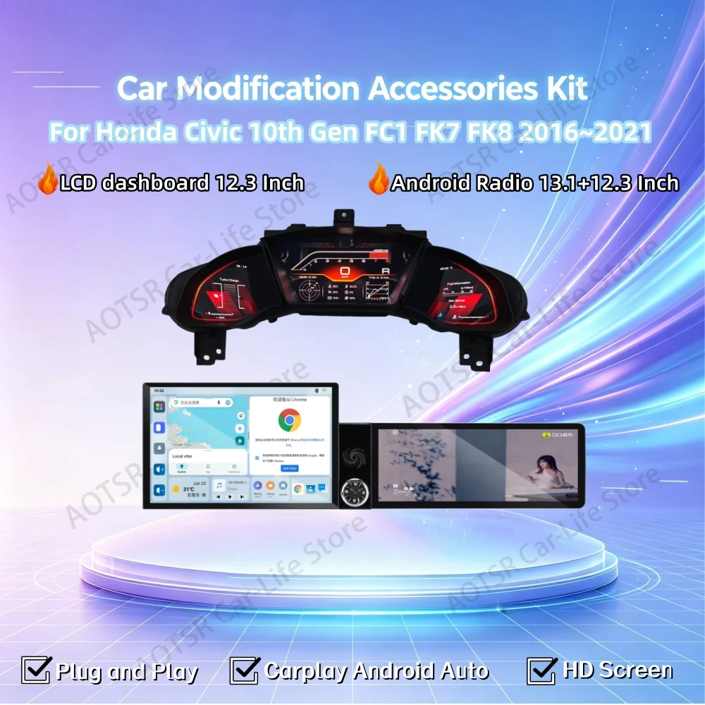 Car Modification Accessories Kit For Honda Civic 10th Gen FC1 FK7 FK8 2016~2021 Auto Gauge LCD Dashboard Speedometer