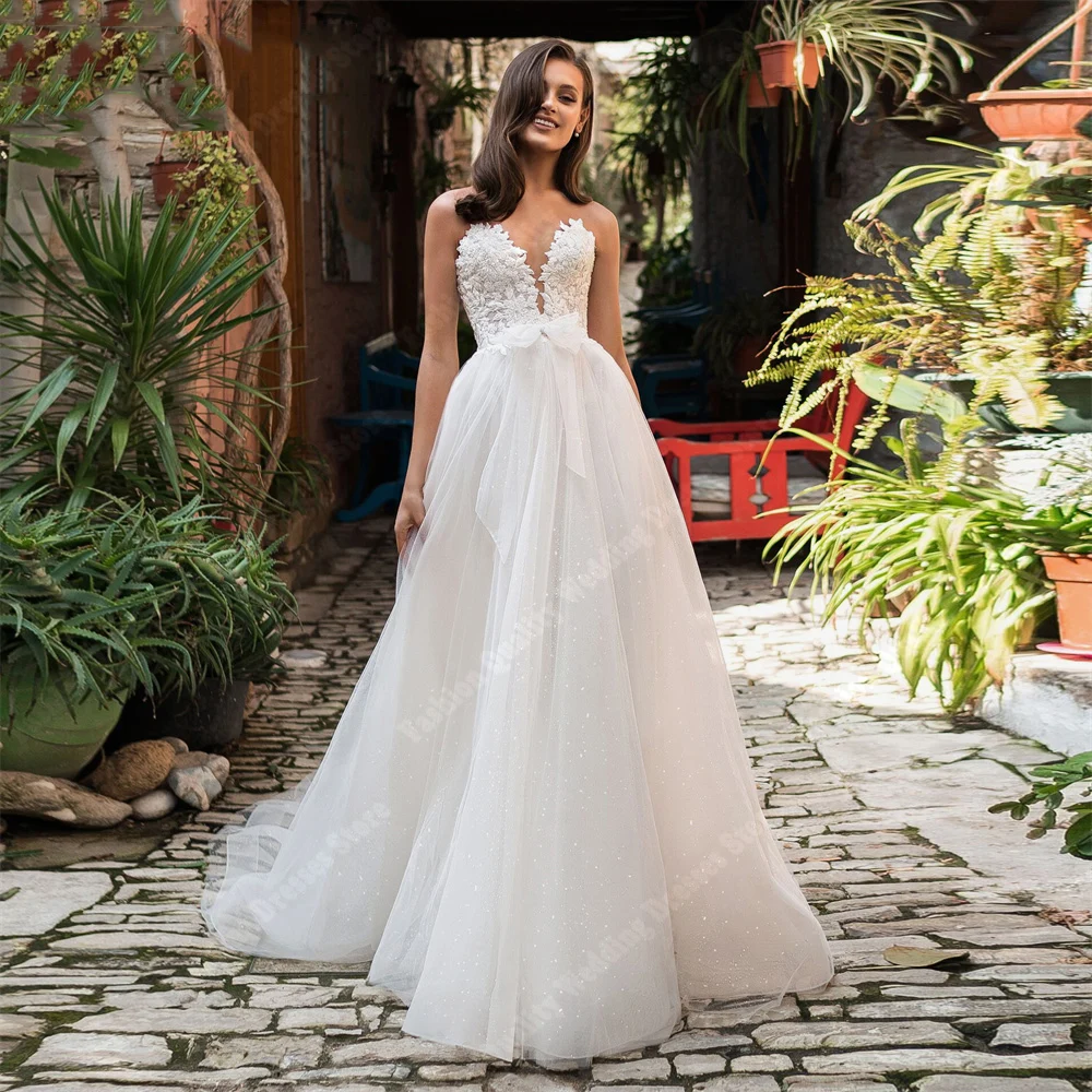 Vestidos de casamento sexy com decote em v para mulheres, lindos vestidos de noiva princesa sem mangas, vestido de senhora macio, novo