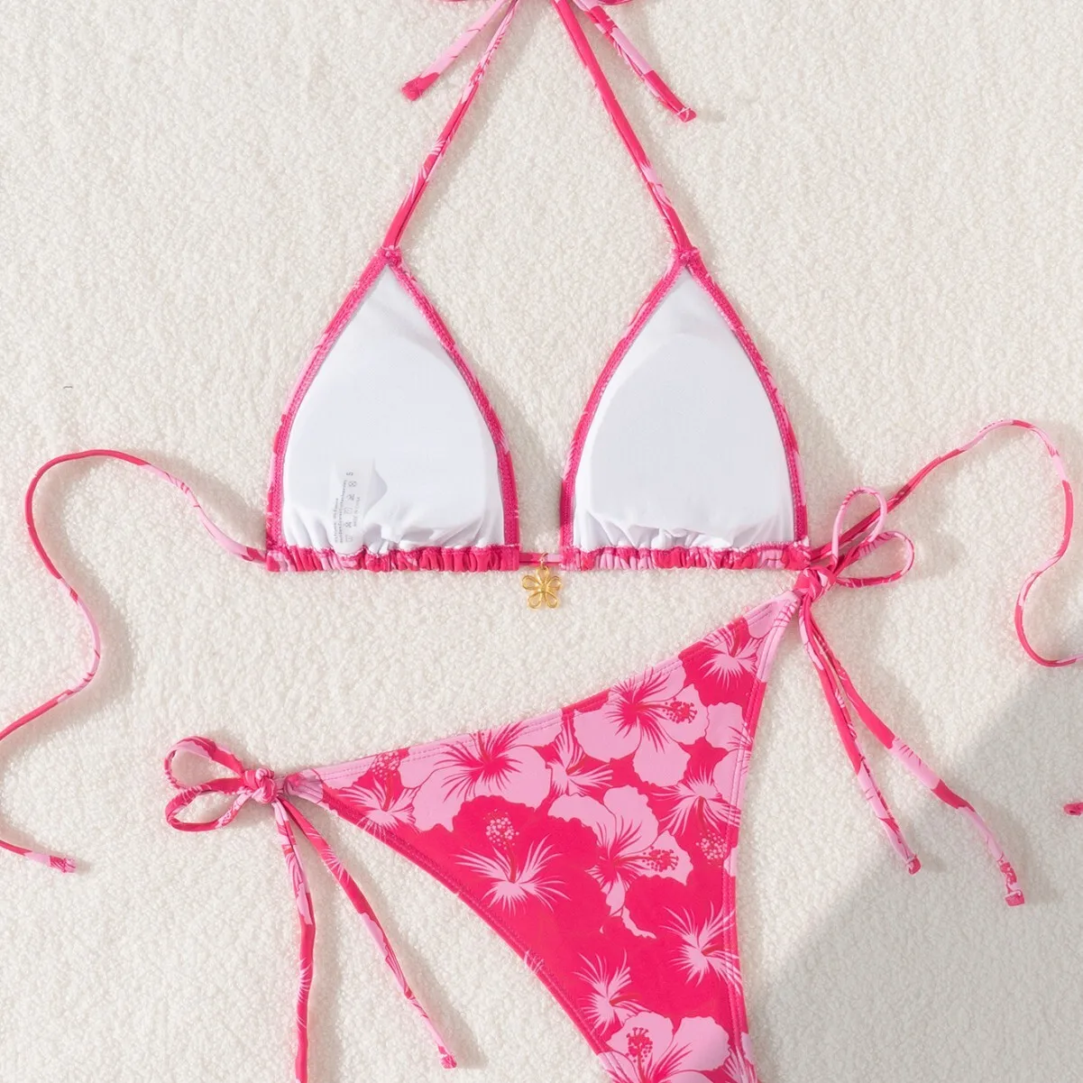 Tie Up Bikini Sexy Metal Flower Pendant Printed Split Swimsuit Set For Women