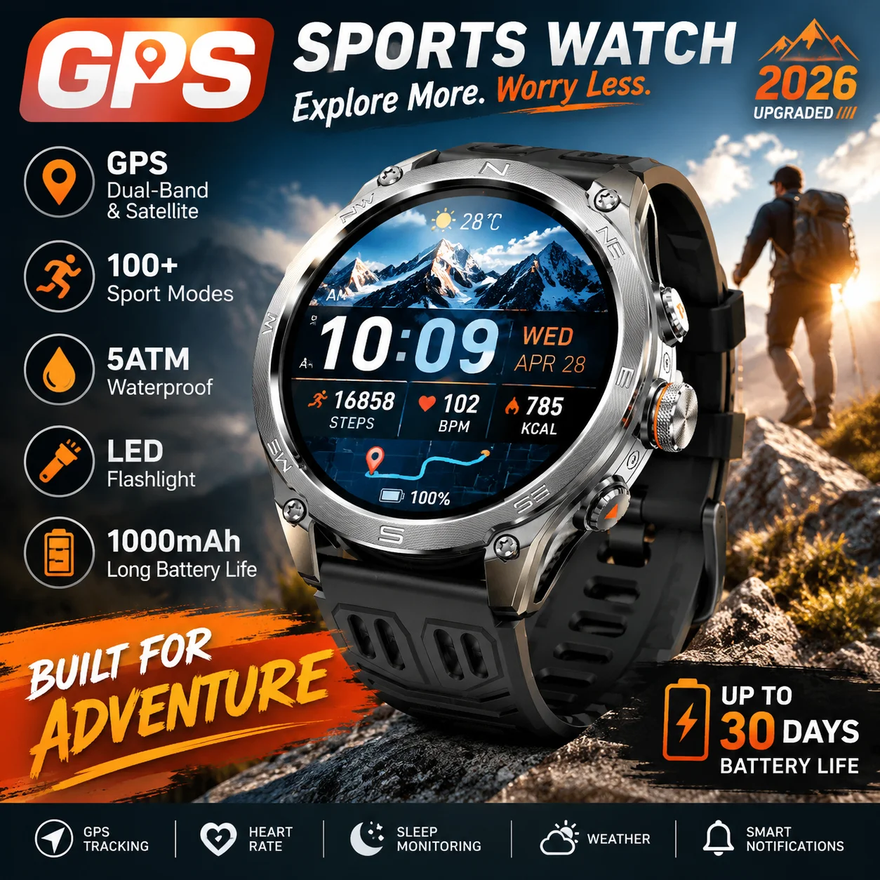 Tactical 1000mAh Battery Military GPS Sport SmartWatch Men Dual-Band GNSS Compass Flashlight 10ATM Waterproof HD Call Watch 2026