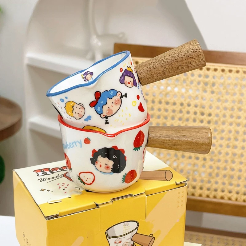 New Ceramic Milk Measuring Cup, Coffee Small Milk Cups, Mini Wooden Handle Bowl with Scale, Italian Espresso Cup 3.38oz/100ml