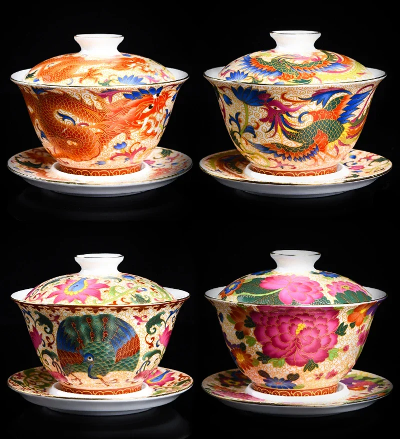 180ml,colour enamel gaiwan, traditional china dragon painting, ceramic kung fu tea teapot for tea ceremony, porcelain decoration