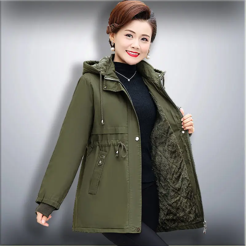 

Middle Aged Mother's Autumn Winter Clothes Medium Length Jacket Coat Loose Velvet Thickened Casual Plush Windbreaker T1820