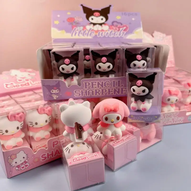 16Pcs Cute Silicone Sanrio Pencil Sharpener 3D Doll Design Hellokitty Kuromi Melody Single Hole Kid Learning Supplies Stationery