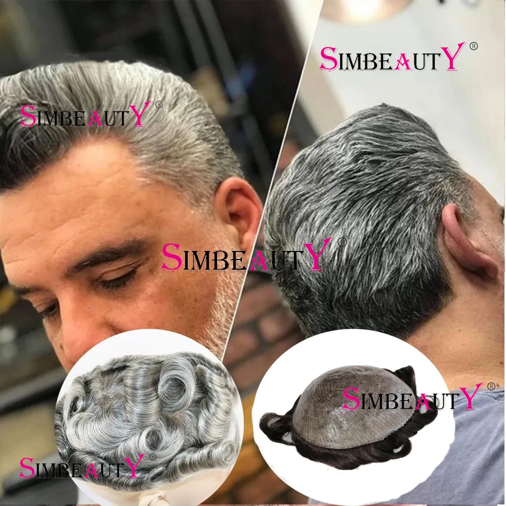 Microskin Men Toupee Ultra Durable Natural hairline Grey Thin wig Brown 100% Human Hair wig MenHair Skin Pu Capillary prosthesis