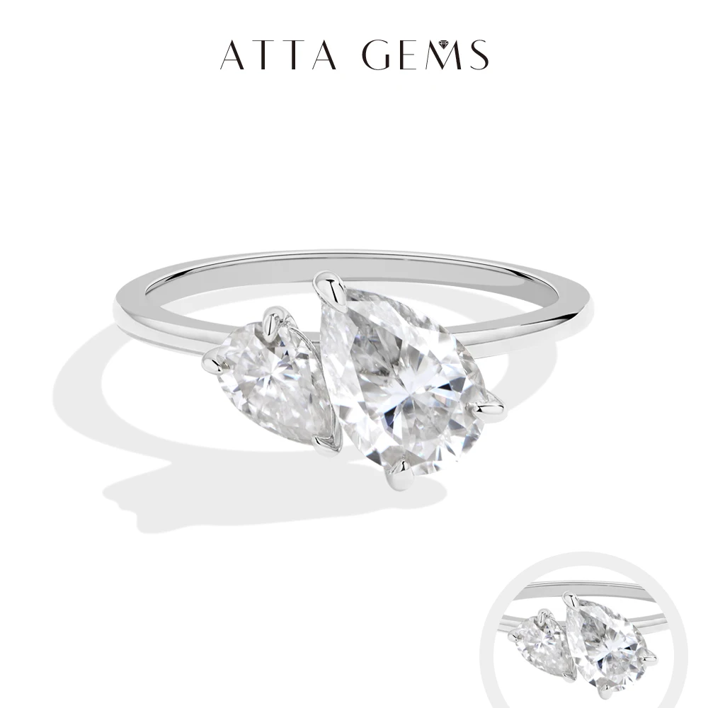 ATTAGEMS Pear Cut Two Moissanite Rings 2.0CTW S925 Silver Minimalist Daily Jewelry Elegant Anniversary Gifts for Women Pass Test