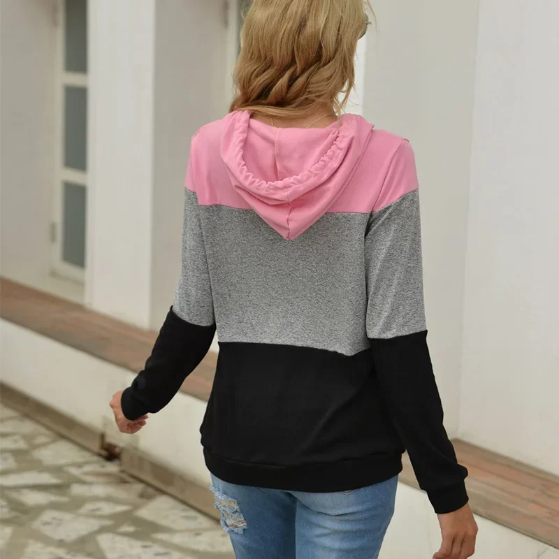 Women Fashion Casual Loose 2024 New Sweatshirt Striped Long Sleeve Hooded Collar Pullover Female Color Match Drawstring Hoodies