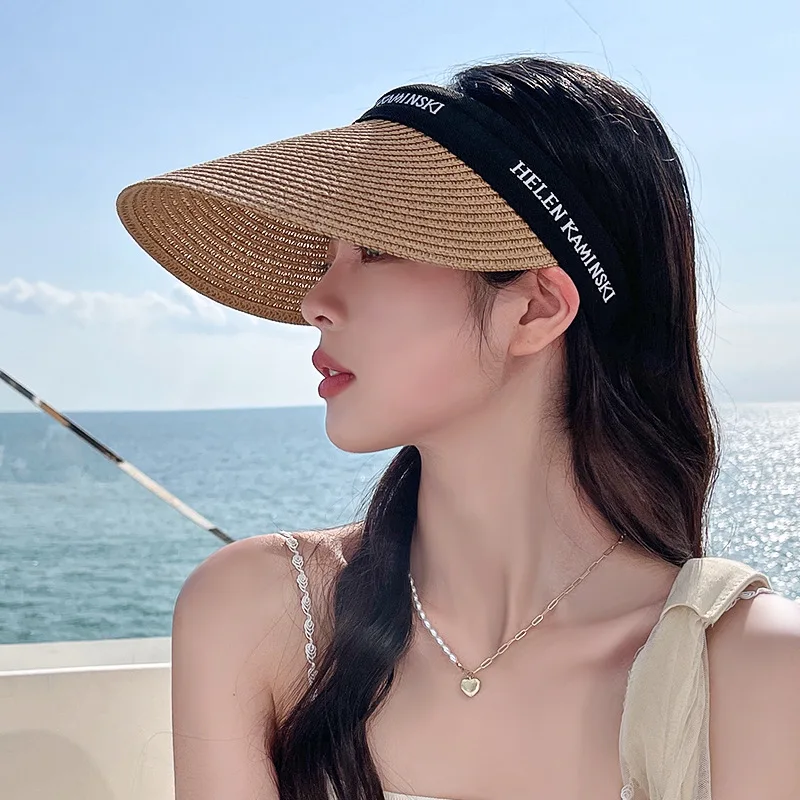 Straw Woven Duck Tongue Empty Top Hat Female Spring Autumn Summer Beach Sunscreen Sunshade Headband Sun Hat Straw Hat Sports Cap