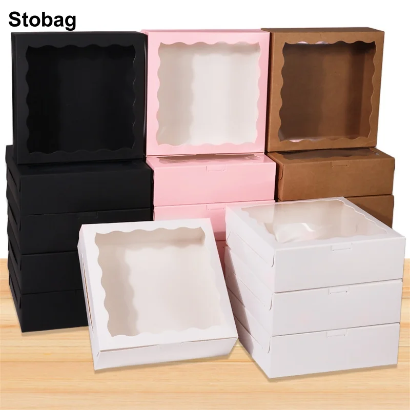 

StoBag 10pcs White Kraft Paper Cake Gift Box Transparent with Window Packaging for Chocolate Doughnut Storage Baking Party Favor