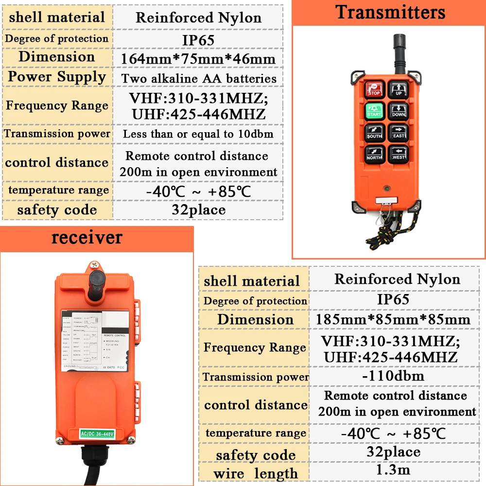 220V 380V 110V 12V 24V Industrial Remote Controller Switches Hoist Crane Control Lift Crane 1 Transmitter + 1 Receiver F21-E1B