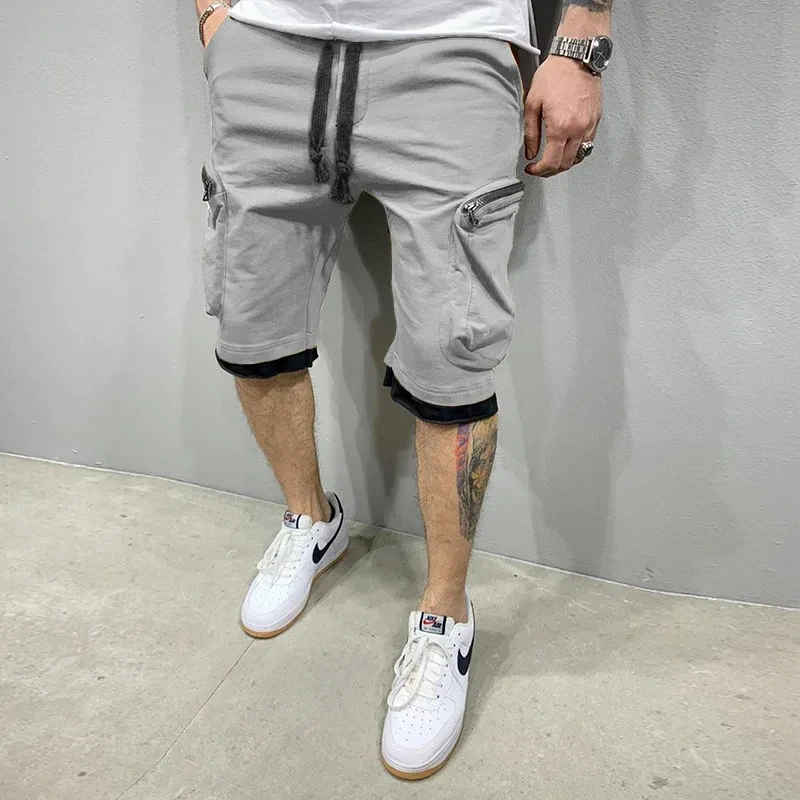 Summer New Men\'s Fitness Five Quarter Pants Cotton Shorts Double Pocket Zipper Decorative Cargo Pants Casual Sports Pants