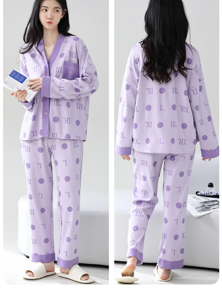

100% pure cotton purple polka dot letter pattern long sleeved pants women's home wear pajamas Women's Sleepwear Set