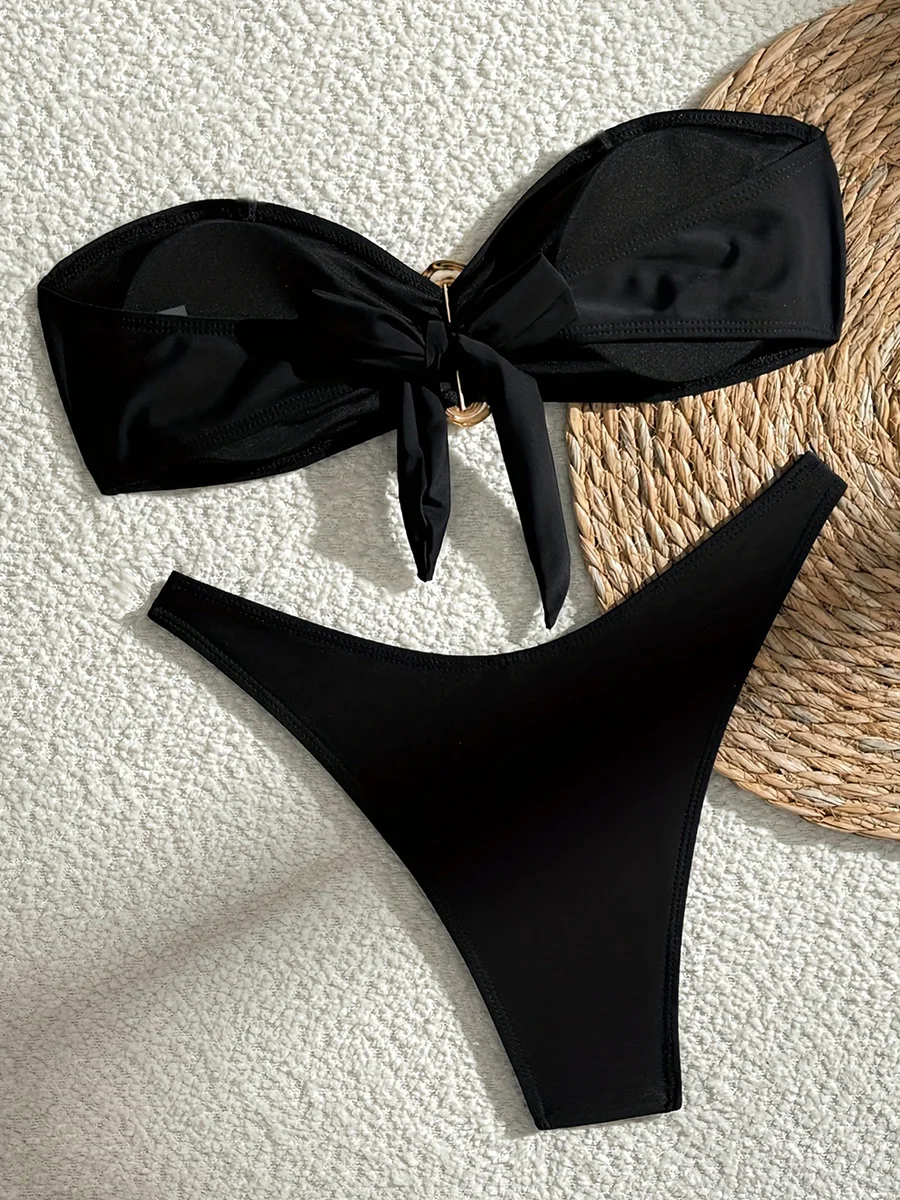 XS - L Metallring Bandeau Bikini Damen Bademode Damen Badeanzug Zweiteiliges Bikini-Set Brasilianischer High Cut Badeanzug Swim Lady