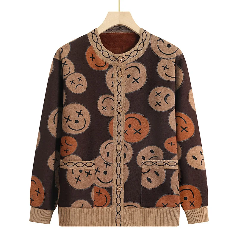 

Fdfklak Mother Knitted Cardigan Warm Coat Female Spring Autumn Middle-aged Loose Cartoon Coat Plus Velvet Fashion Sweater