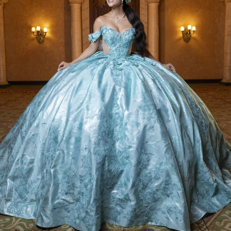 

Light Blue Shiny Quinceanera Dresses Ball Gown Off The Shoulder Applique Lace Beading Crystal Bow Party Birthday Vestidos 15 De