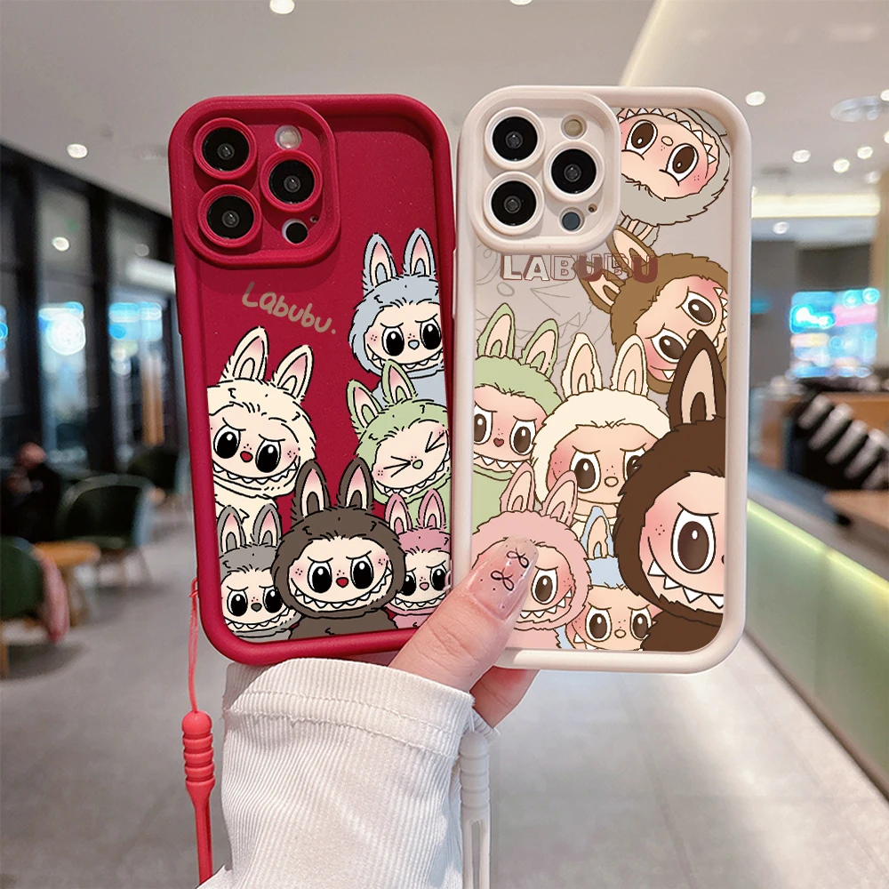 Nuova custodia per telefono Kawaii Cute Labubu per IPhone 15 14 13 12 11 Pro Max Mini XR XS X 7 8 Plus Cover posteriore morbida in TPU con cinturino