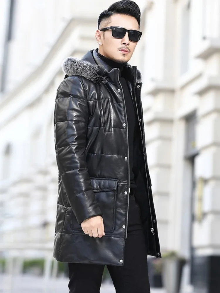 Winter Real Sheepskin Overcoat Men Zipper Thick Warm Hooded Genuine Leather Down Coat  Plus Size 5XL Streetwear Casual Coat Men
