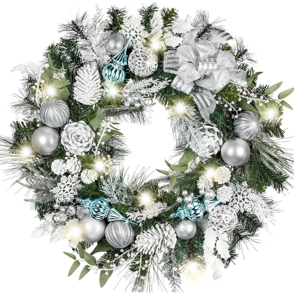 

30 Inch Pre-Lit Christmas Wreath for Front Door with Lights, Large Lighted Christmas Wreath with Silver Blue White Xmas Ball