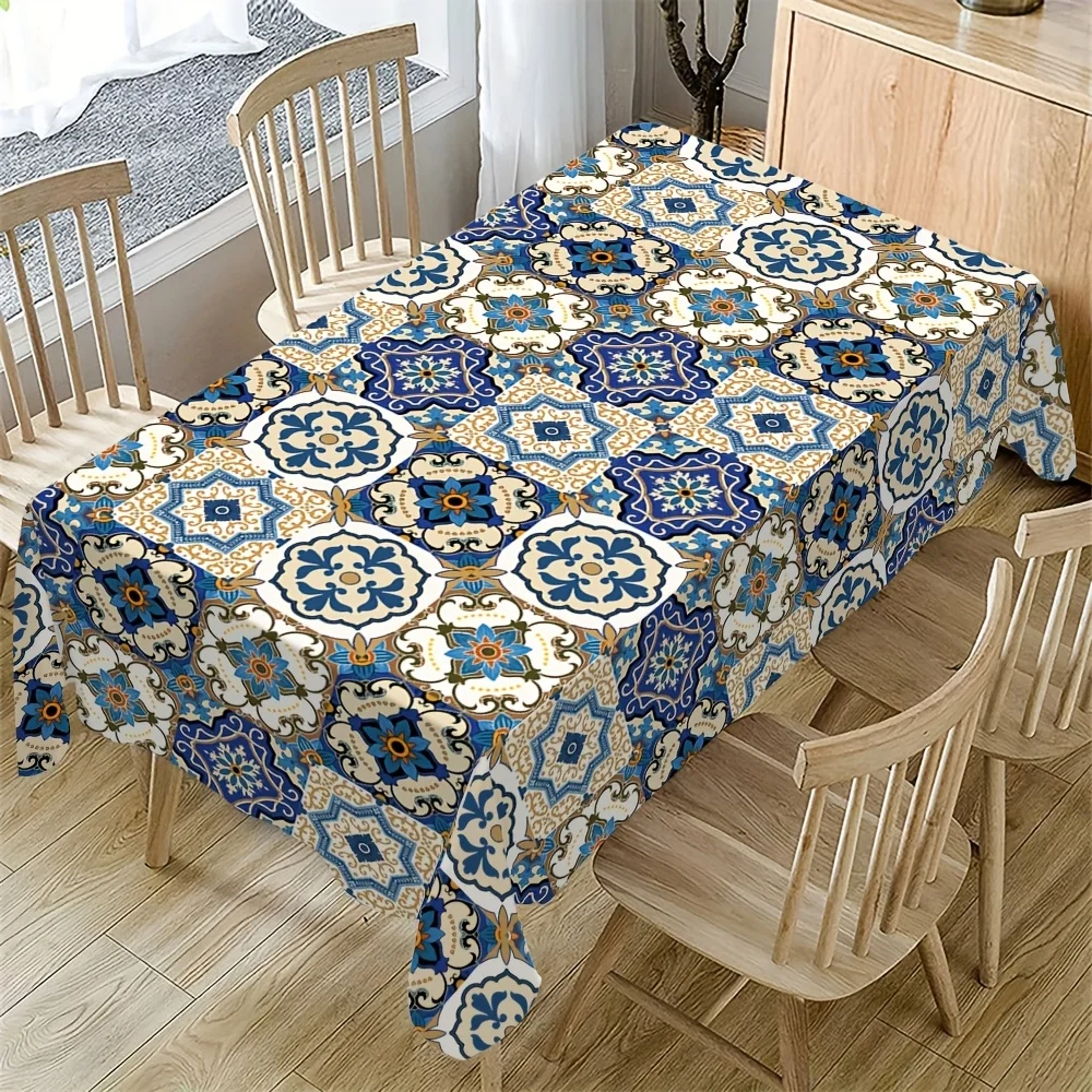 Eine rechteckige Tischdecke im Bohemian-Stil mit einem Bohemian-Mosaikmuster, bedruckt auf der Oberfläche. PMJ
