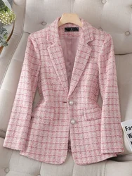 Long Sleeve Autumn Winter Women Blazer Ladies Pink Beige Plaid Female Casual Jacket Coat