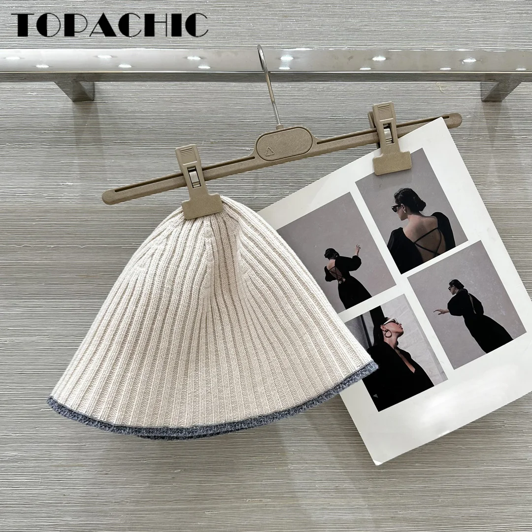 8.25 TOPACHIC-Women\'s Hand Beading Chain Decoration Caps Contrast Color Ribbed Wool Knit Wide Brim Dome Casual Bucket Hats