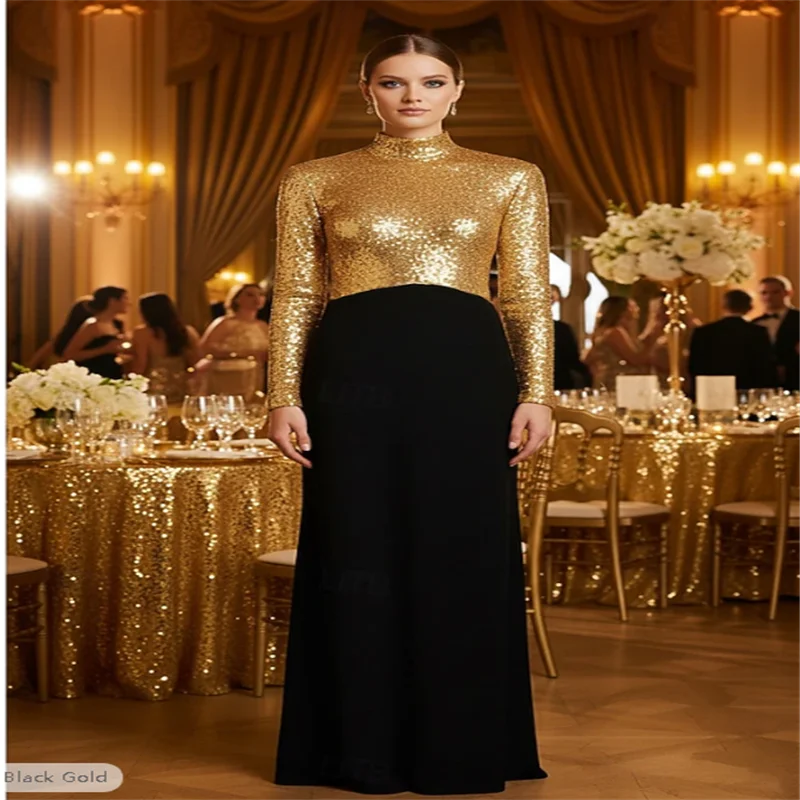 Robe de soirée fourreau/colonne à paillettes noires et dorées, robe formelle élégante, longueur au sol, manches longues, col haut