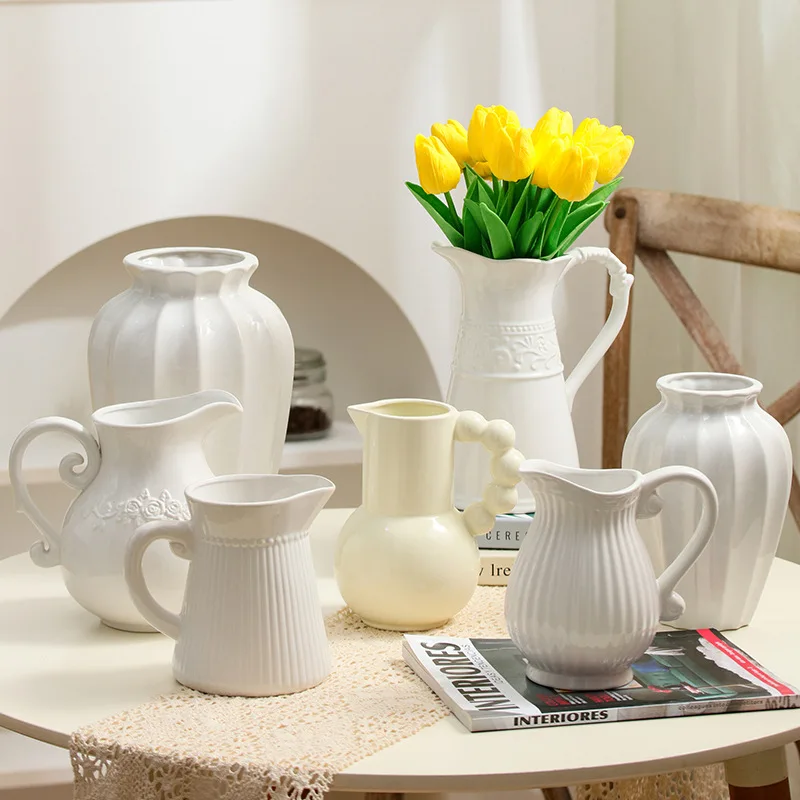 

Vase Decoration, Living Room Flower Arrangement, Ceramic Milk Pot, Retro European High-end Feeling, French Relief Vase