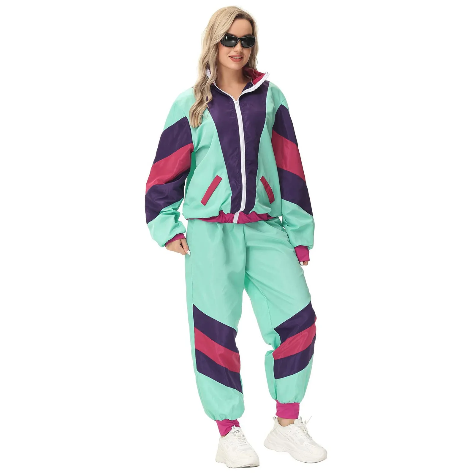 Adult Women And Man 80s Tracksuit Set Retro Hip Hop Windbreaker Disco Tracksuit Colorblock Loose Fashionable Two Piece Outfits