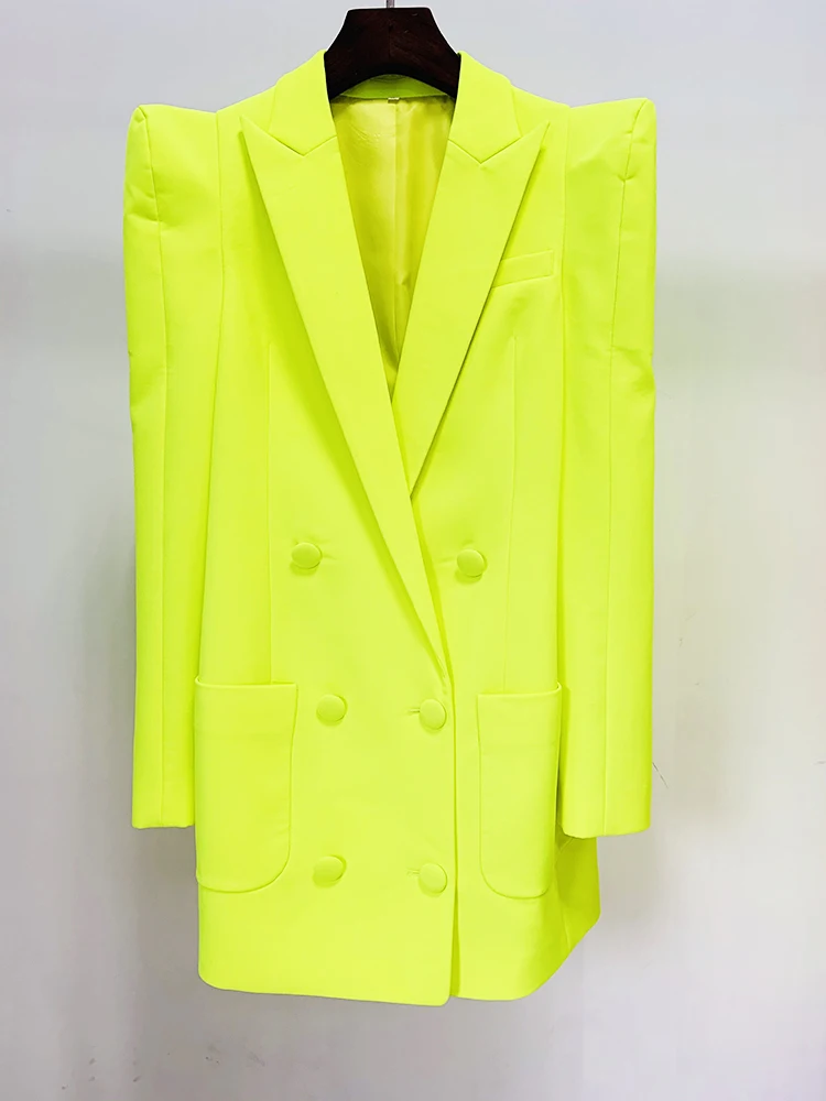 HIGH STREET Newest Fashion 2024 Designer Jacket Women Peak Strong Shoulder Double Breasted Long Blazer Fluorescein