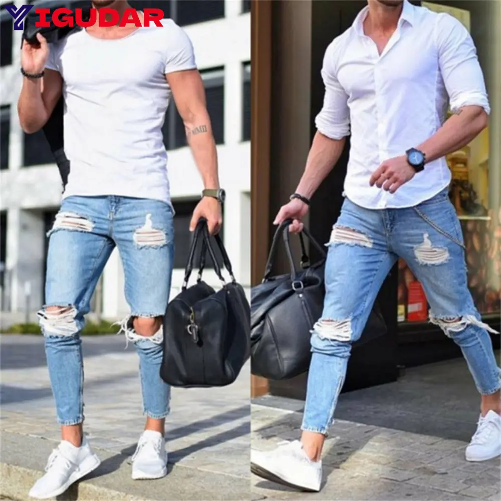 Streetwear Men's Stretch Jeans Casual ripped Men jeans Solid Color Slim Fit Skinny Pants Fashion Sports Jogging Harajuku Pants