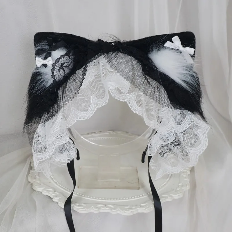 Nieuwe handgemaakte cosplay zwarte lolita kant kat oor hoofdband zoete kat meisje harige oor hoofddeksel subcultuur KC meid haaraccessoires