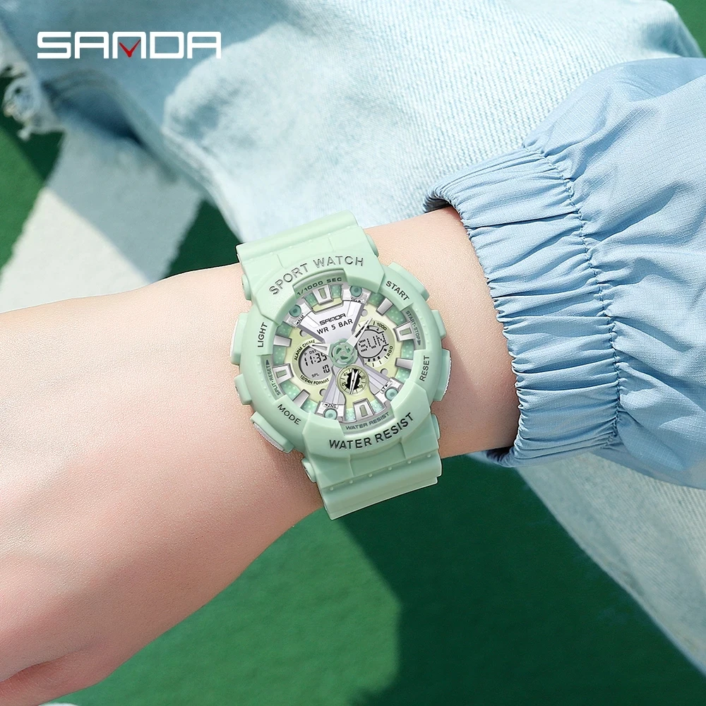 SANDA 6068 다기능 전자 시계, 방수 듀얼 디스플레이, 발광 LED 디지털 시계, 패션 여성 시계