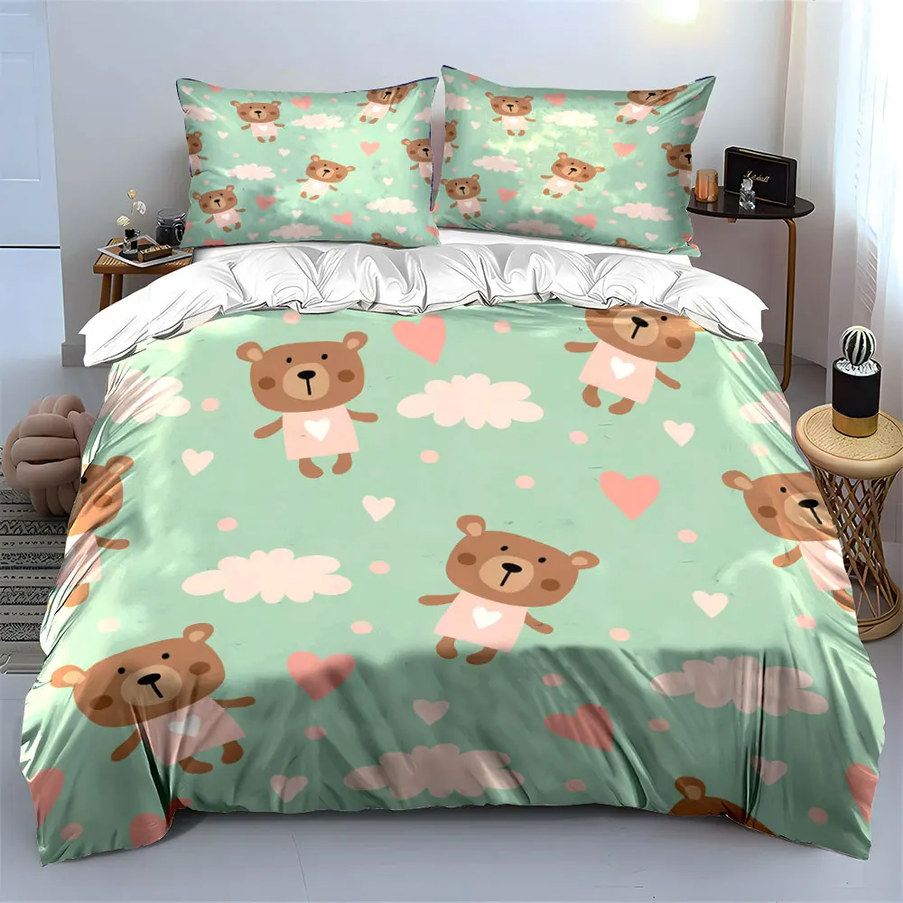Cute bears with heart background Bedding Set for Kids Luxury Gift 3pcs Digital Print Comforter Set Soft Comfortable Breathable