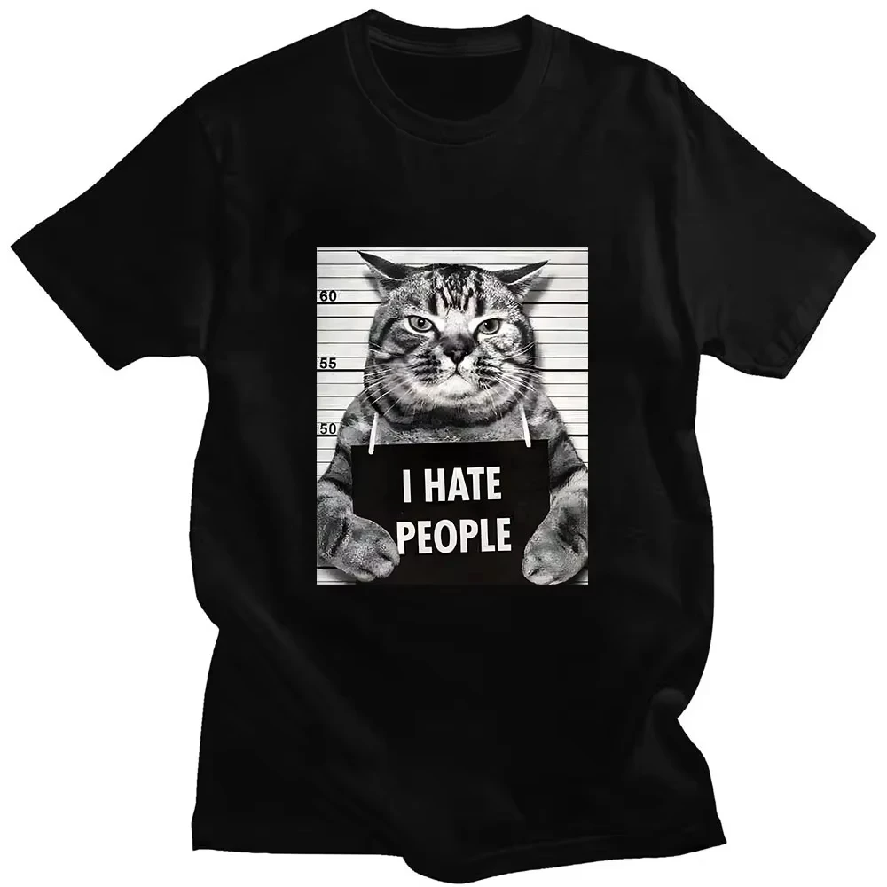 

I Hate People Meow Print T-shirt Fun Cat Print T Shirts Loose Street Short Sleeve Female/Male Clothing Casual Tshirt