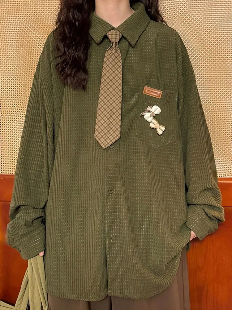 

Японская блузка в стиле Харадзюку Y2K для женщин, свободная, с длинным рукавом, с бантом, винтажная, весенняя, оверсайз, с отложным воротником, ретро-стритвир, топ