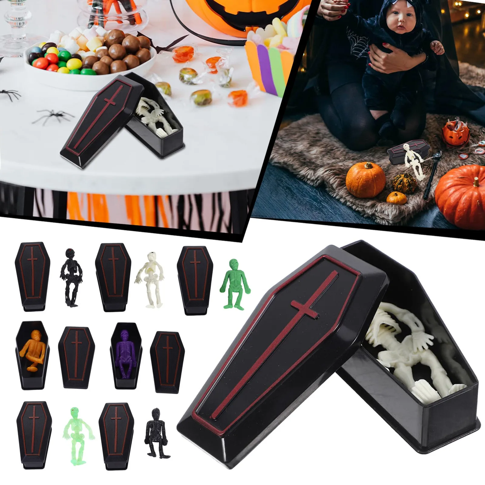 1set Miniature Coffin Skeleton Ornaments Halloween Decoration Prank Props For Parties Spooky Home Decor Fun Halloween Decor