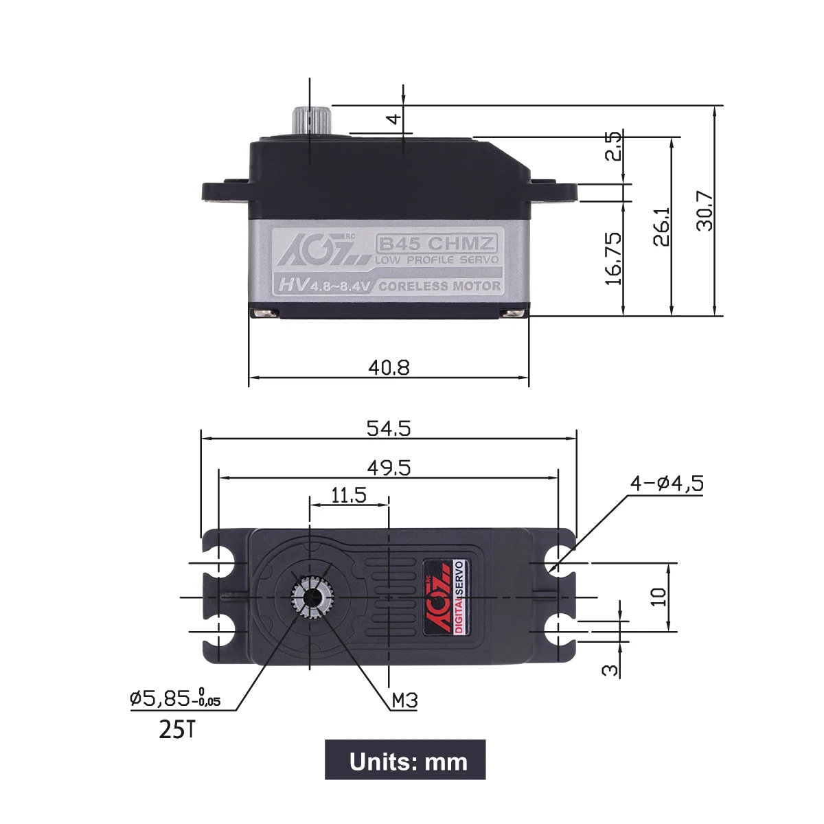Agfrc b45chmz 14kg hv titan getriebe schnelle geschwindigkeit low profile kernloser wettbewerb digitaler servo für 1/12 1/10 rc tourenwagen boot – Detail 4