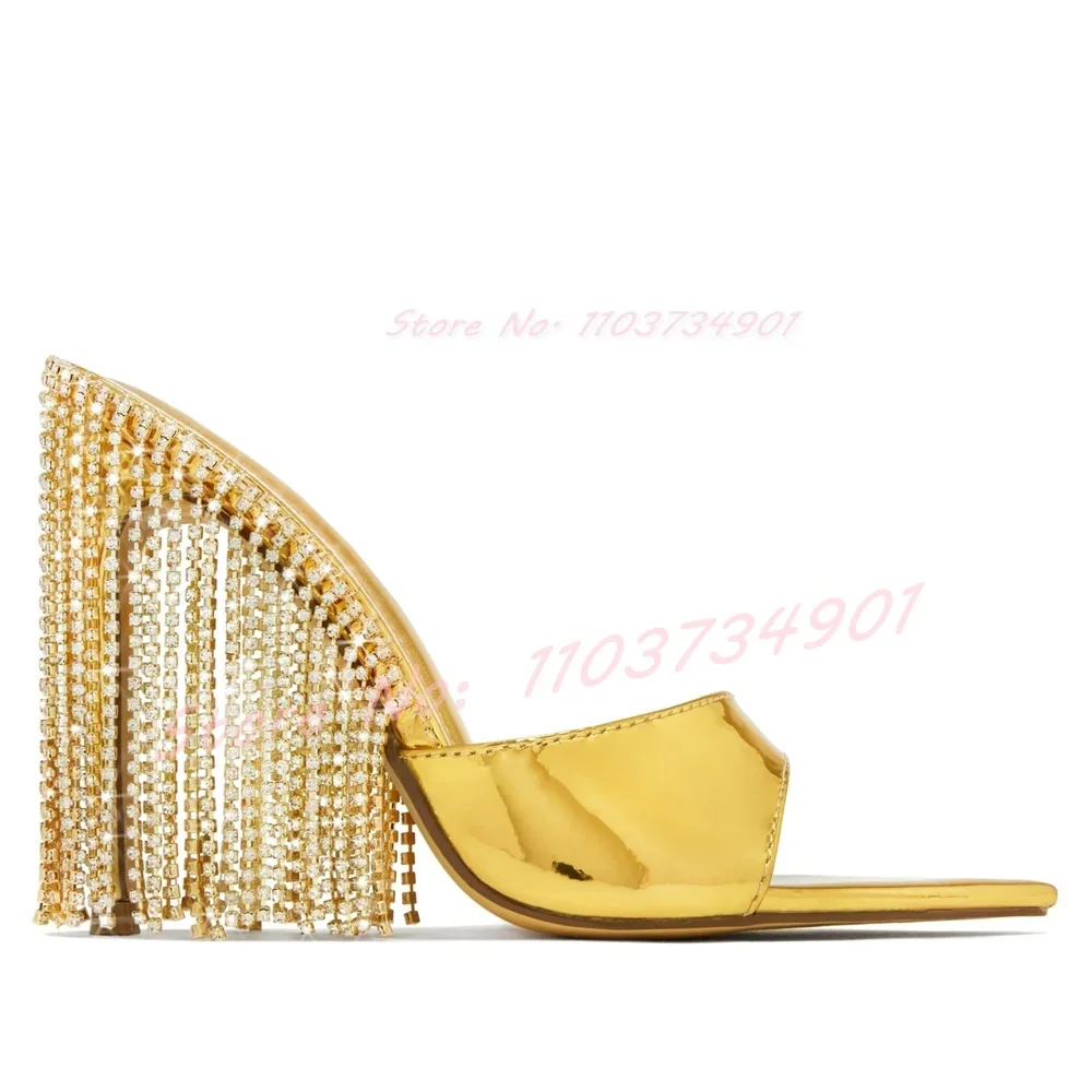 Gold Crystals Chain Tassel Pointy Toe Slippers Female Sexy Luxury Satin Thin Heeled Mules Women Classy Fashion Metallic Shoes