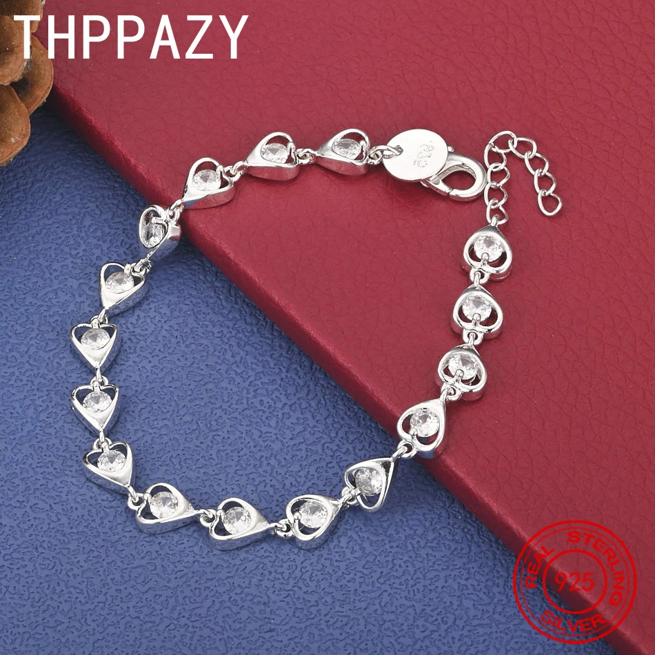 

THPPAZY AAA Zircon 925 Sterling Silver Heart Bracelet For Engagement Party Gift Fashion Classic Sweet Jewelry 20cm Chain