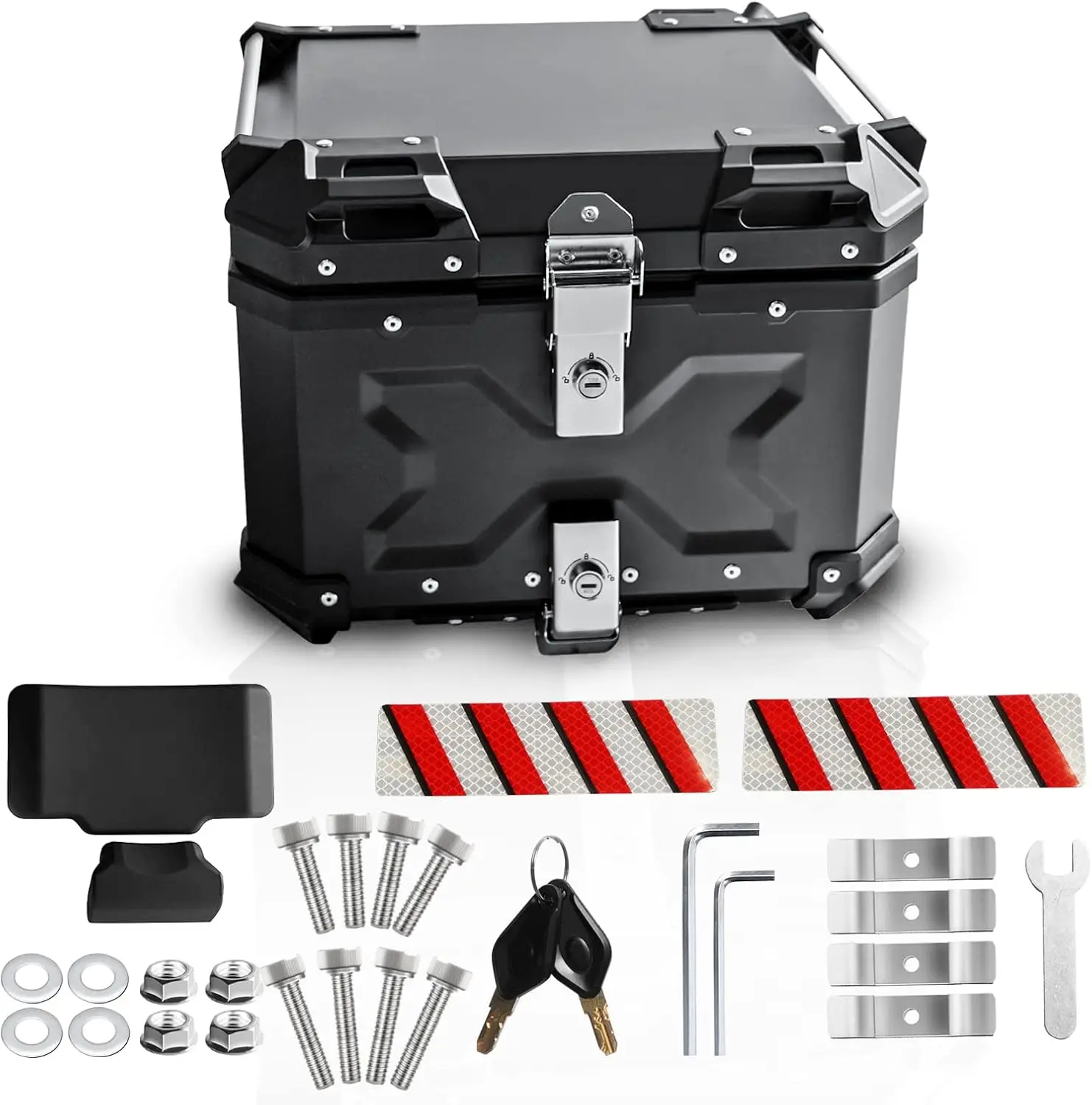 Universal Motorcycle Top Case 45L, Tail Box Trunk with Backrest, Security Lock, Black, Helmet Luggage